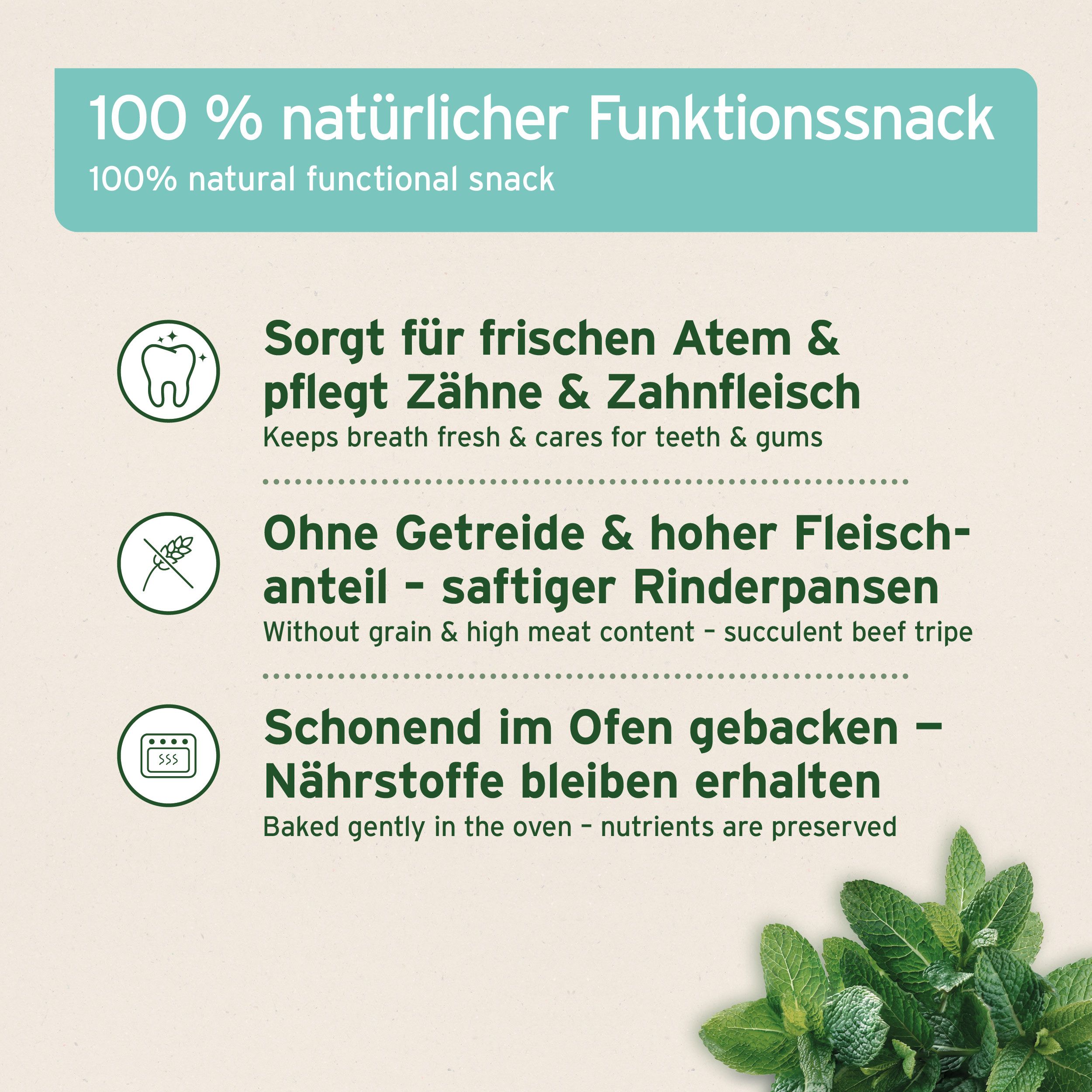 Text mit drei Punkten: Frischer Atem, gesunde Zähne, ohne Getreide, hoher Fleischanteil, schonend gebacken. Minze.