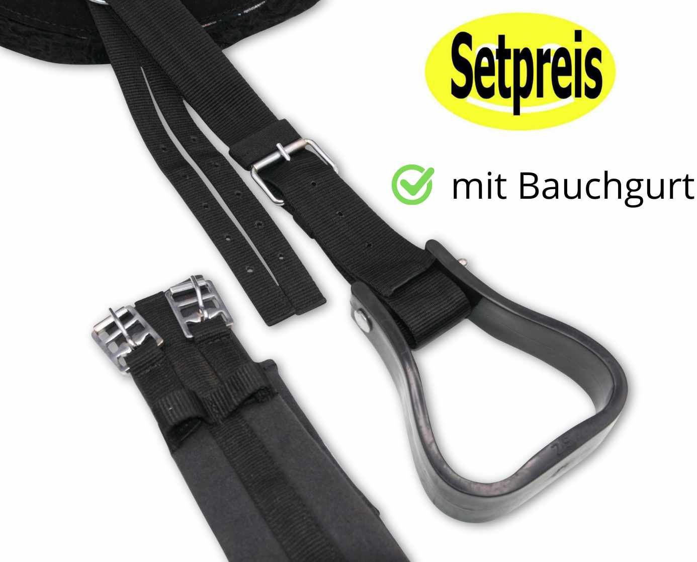 Schwarze Steigbügelriemen mit Schnallen und Bauchgurt. Gelber Aufkleber: Setpreis.