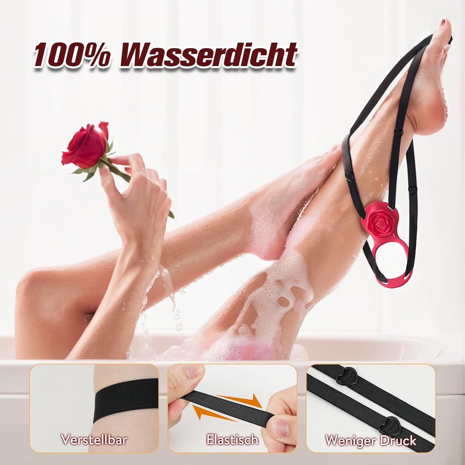 Frau in Badewanne mit Penisring-Vibrator. Text: 100% wasserdicht. Verstellbar, elastisch, weniger Druck.
