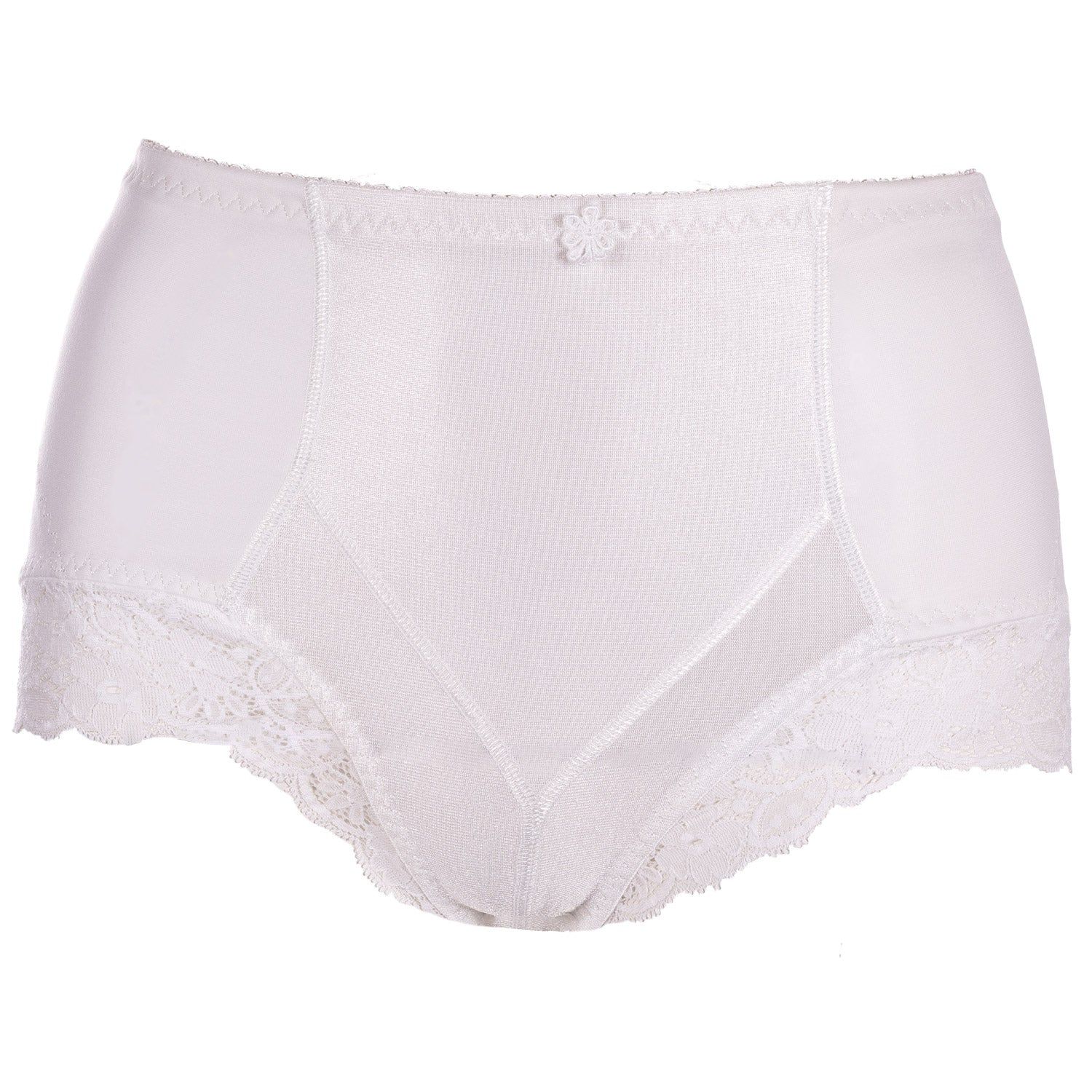 Weiße Miederhose mit Spitzeneinsätzen. Hoher Bund, Spitze am Beinabschluss. Blick von vorne.