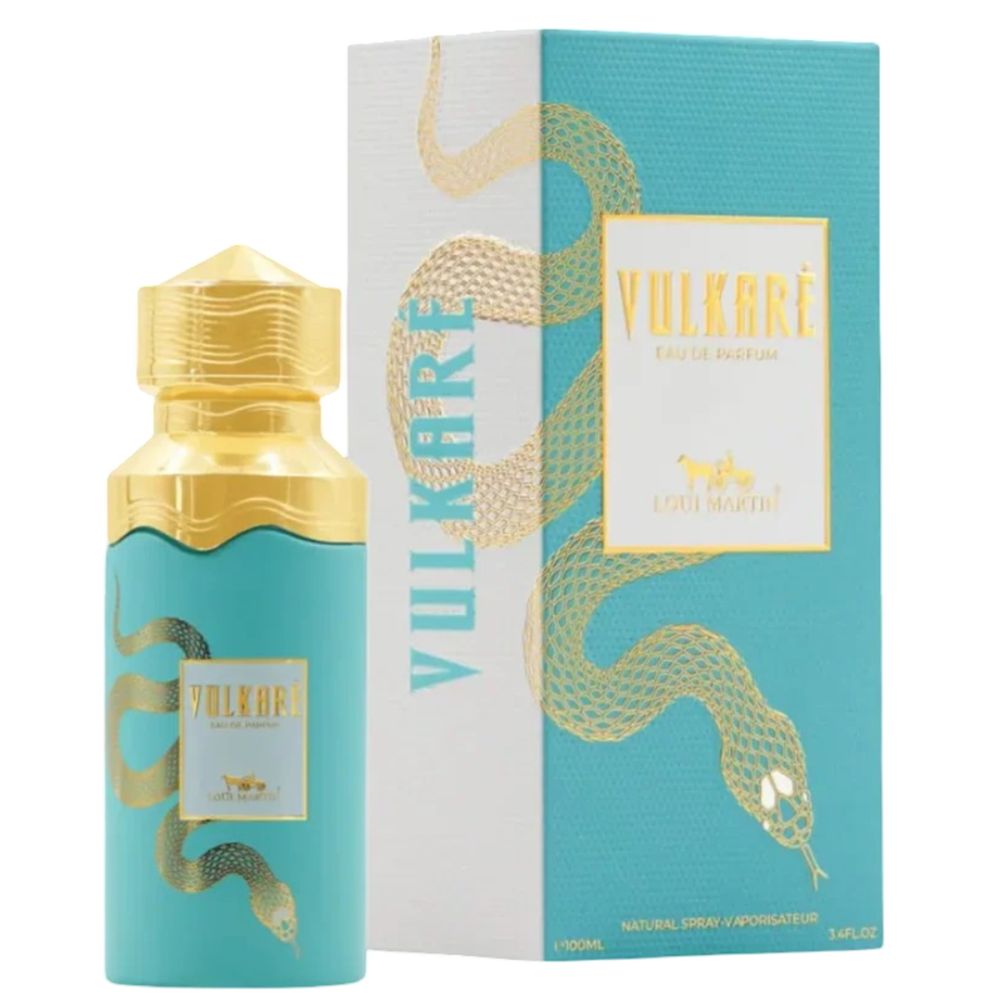 Türkisgrüne Flasche mit goldenem Deckel und Schlange. Aufschrift: Vulkaré Eau de Parfum. Verpackung mit Schlange und Logo.