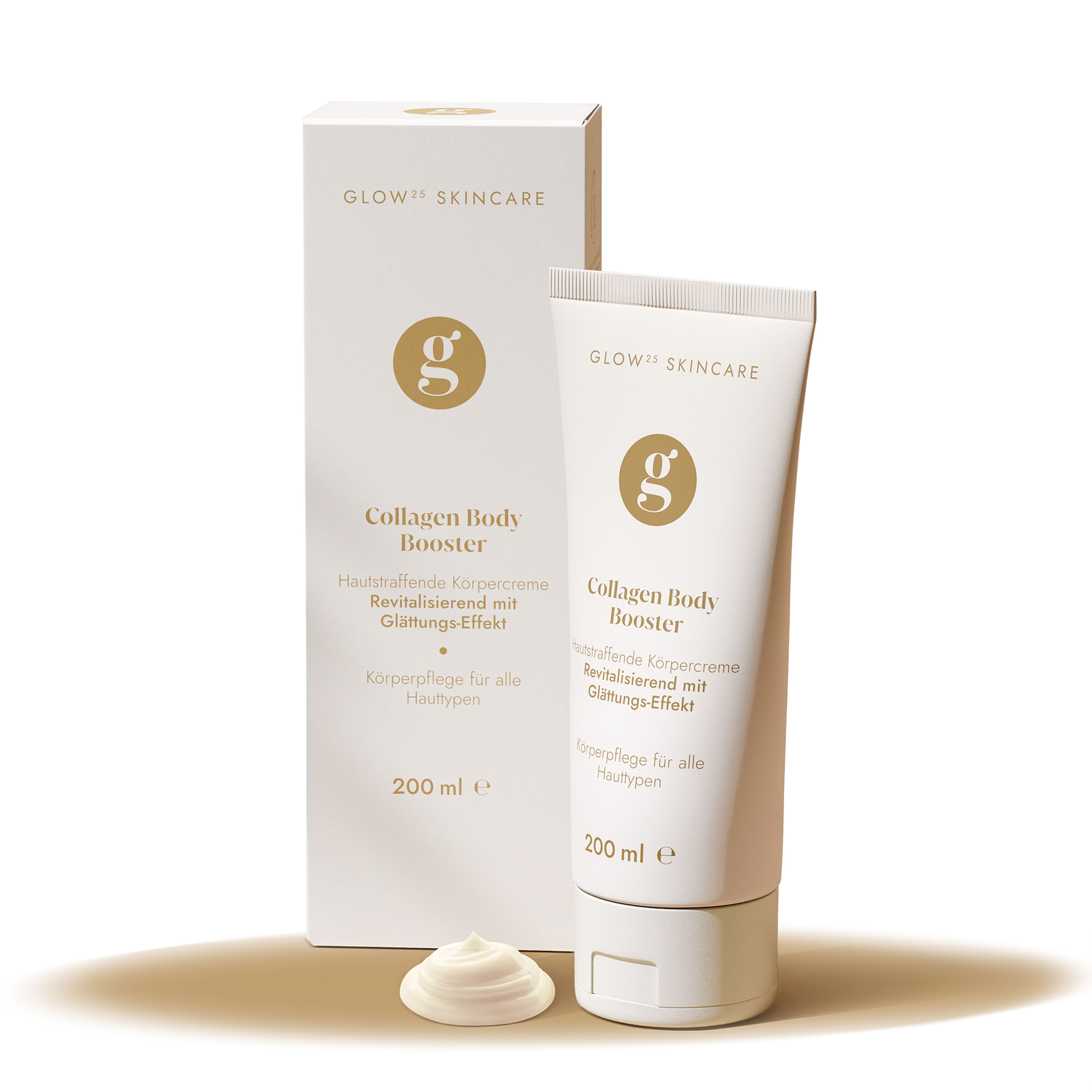 Creme-Tube und Schachtel. Aufschrift: Glow25 Skincare, Collagen Body Booster. 200 ml.