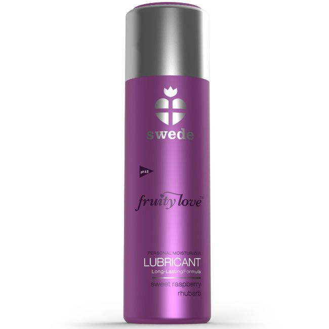 Lila Flasche mit silbernem Deckel. Aufschrift: swede, fruity love, LUBRICANT. pH 4.5. Süße Himbeere/Rhabarber.