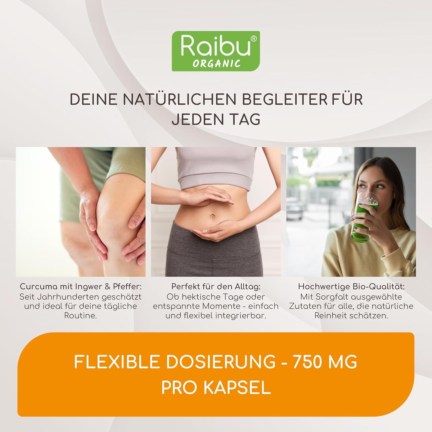 Werbebild mit drei Szenen. Personen halten sich an Bauch und Knie. Text: Flexible Dosierung - 750 mg pro Kapsel.