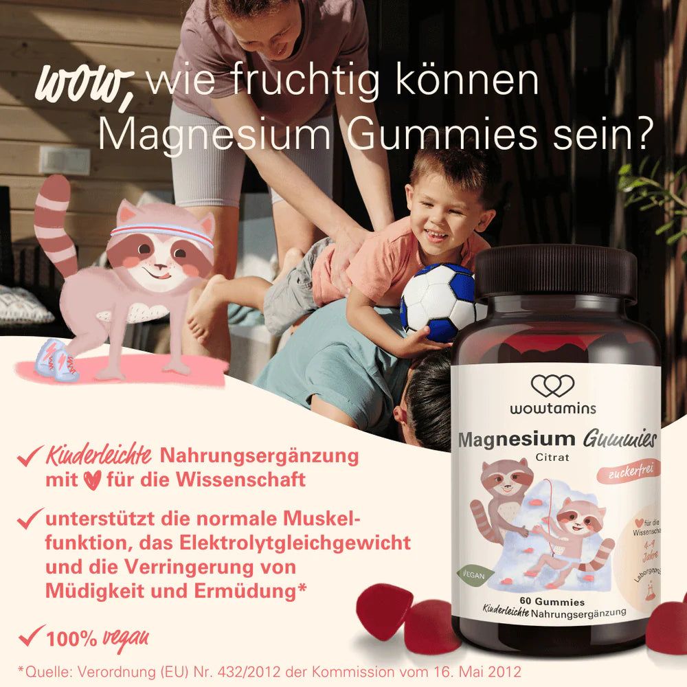 Werbung mit Flasche WOWTAMINS Magnesium Gummies. Kinder spielen. Rote Gummies. Text: Kinderleichte Nahrungsergänzung.