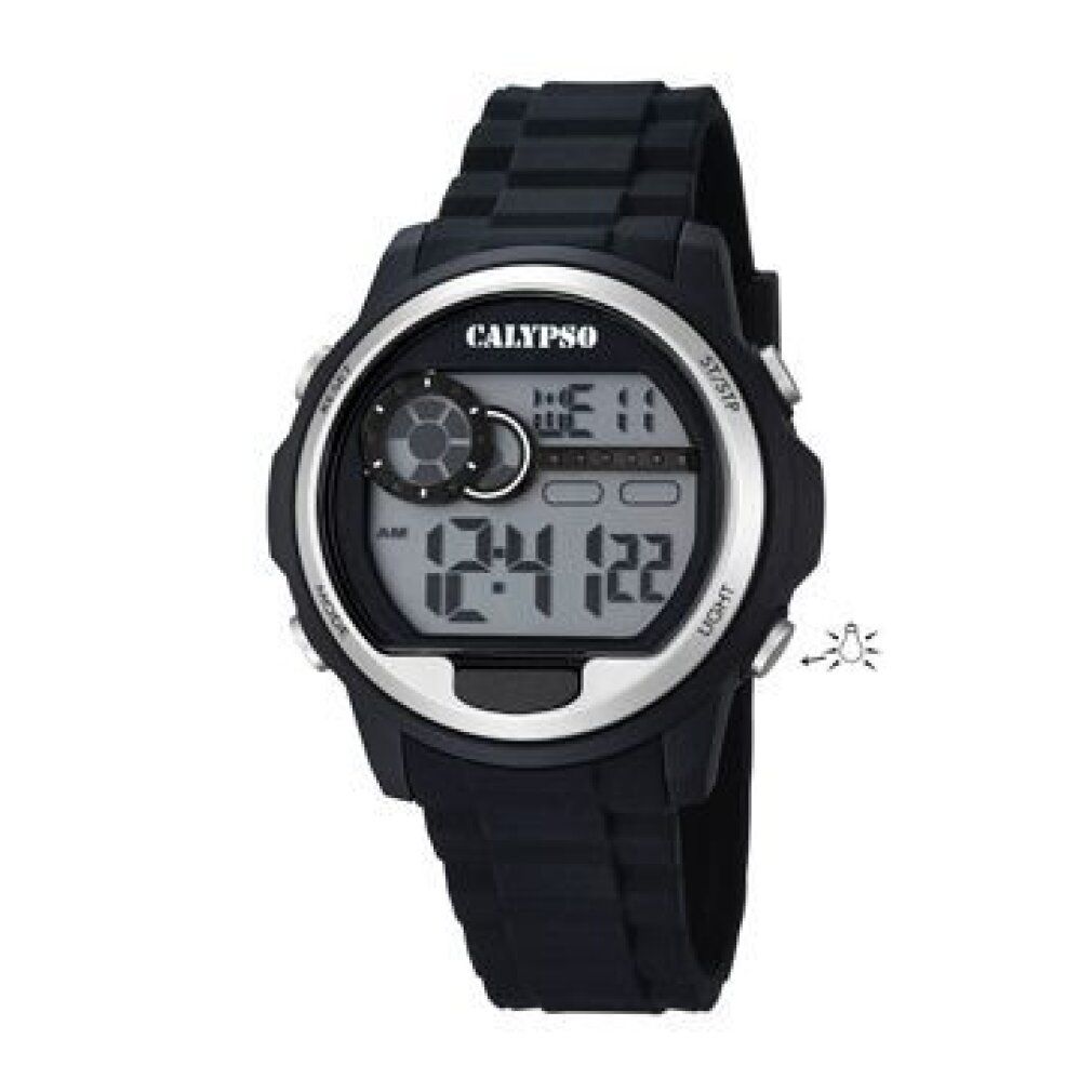 Schwarze Calypso-Uhr. Digitales Display mit Datum und Uhrzeit. Schwarzes Armband. Silberfarbene Lünette.