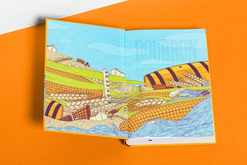 Doppelseite eines Buches. Illustration einer Landschaft mit Maisfeldern, Fässern und Wasser. Titel: Bourbon.
