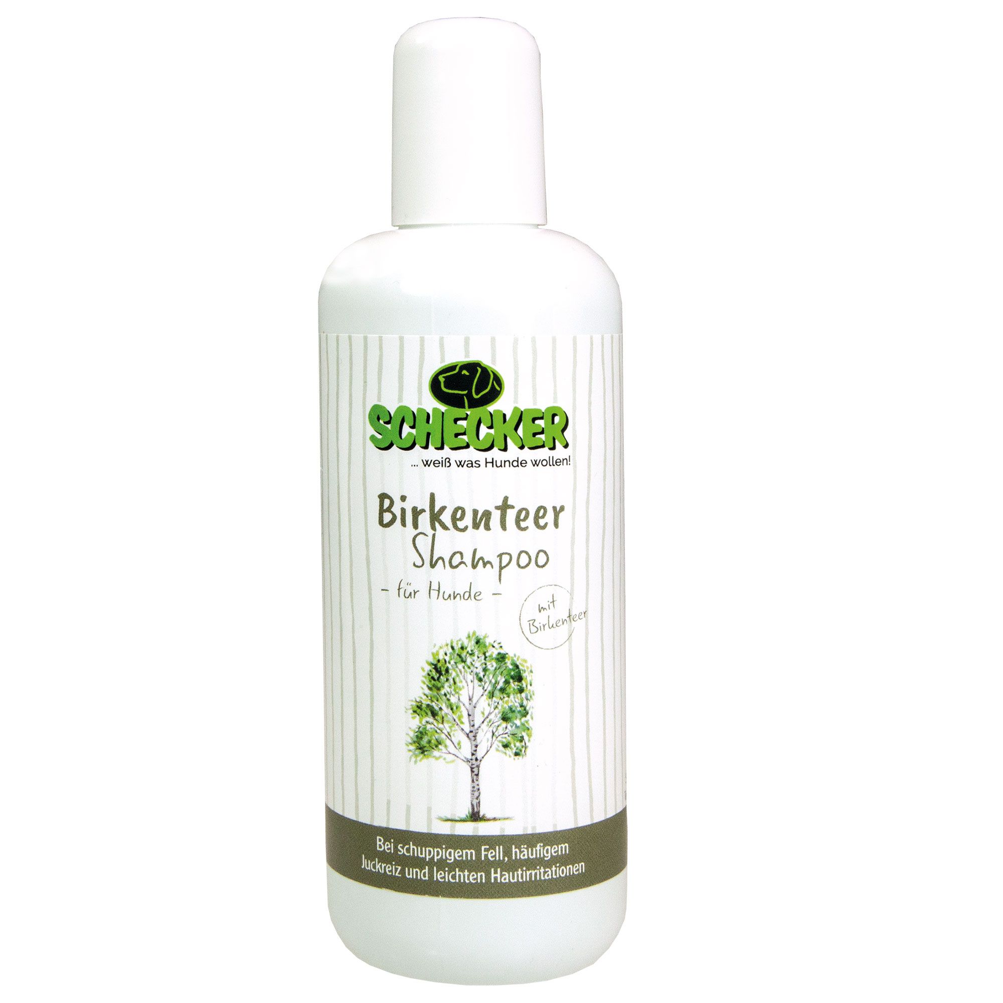 Weiße Flasche Schecker Birkenteer Shampoo für Hunde. Grünes Logo, Baum-Illustration. Text: Bei schuppigem Fell, häufigem Juckreiz und leichten Hautirritationen.