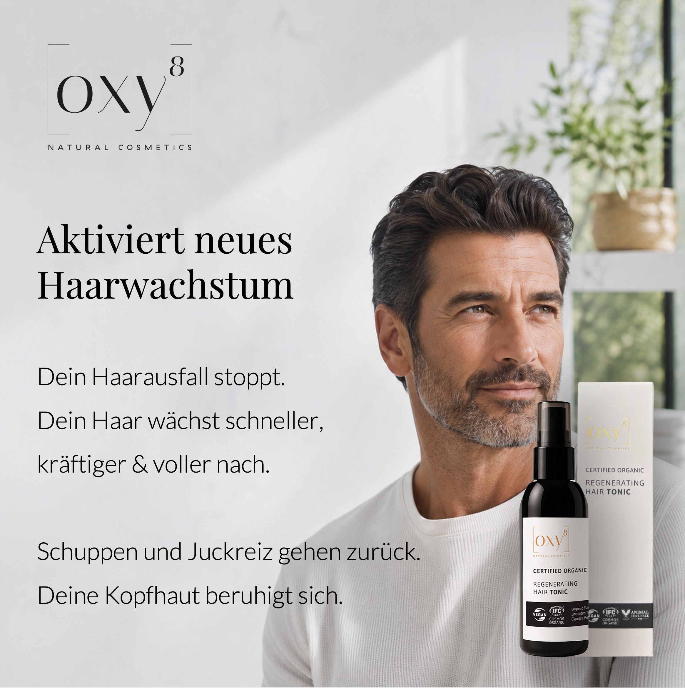 Mann mit OXY8 Regenerating Hair Tonic Verpackung