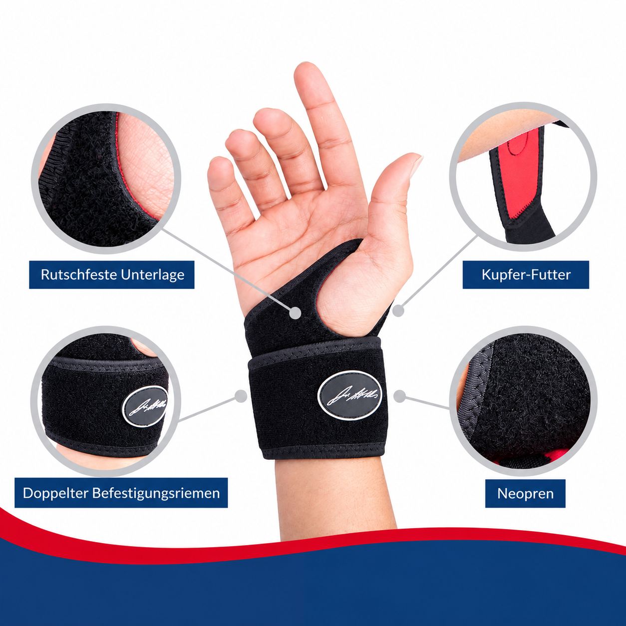 Anwendungshinweise für Handgelenkbandage: Daumen durchstecken, wickeln, sichern.