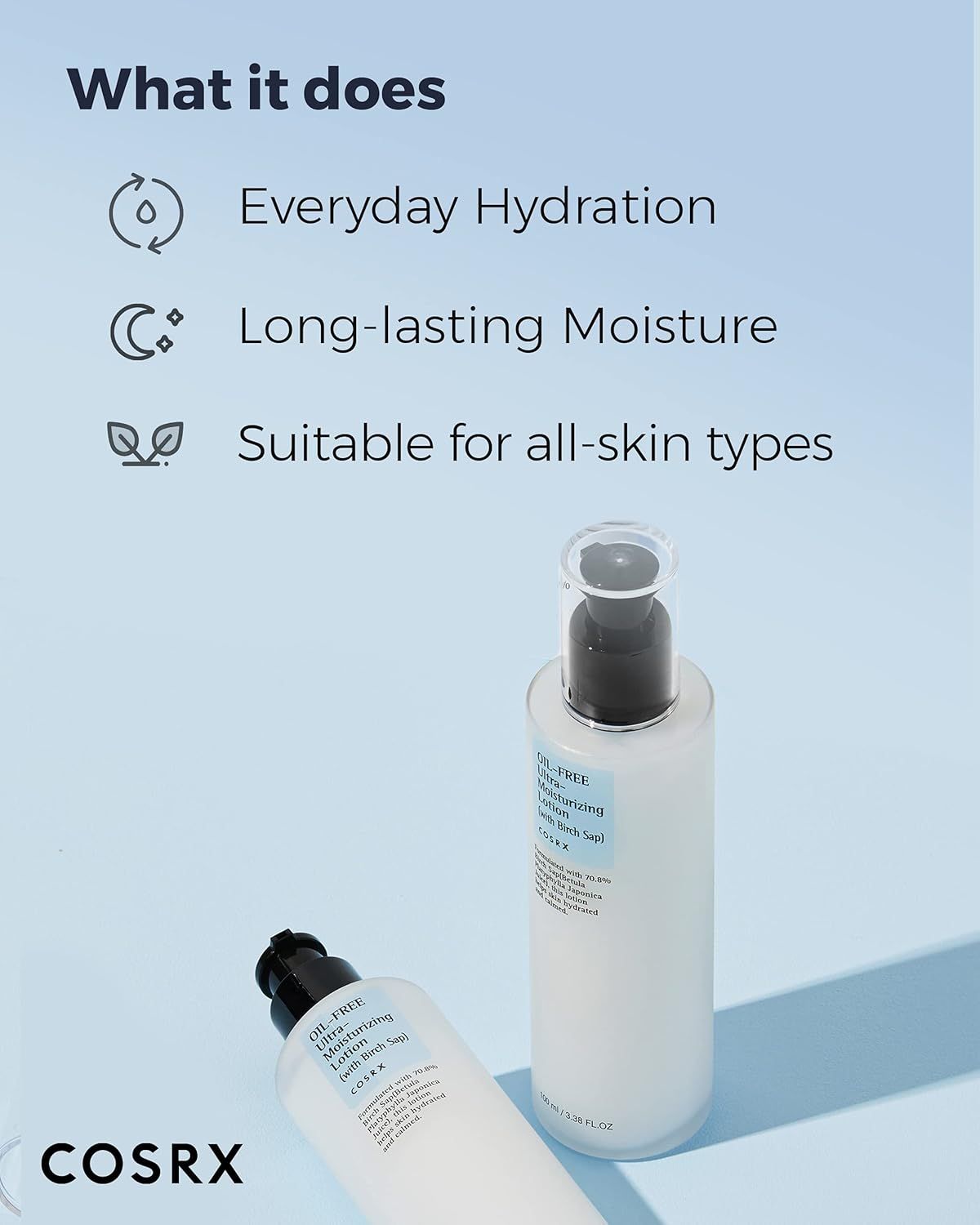 Zwei Flaschen auf blauem Hintergrund. Text: Everyday Hydration, Long-lasting Moisture, Suitable for all-skin types. Marke COSRX.