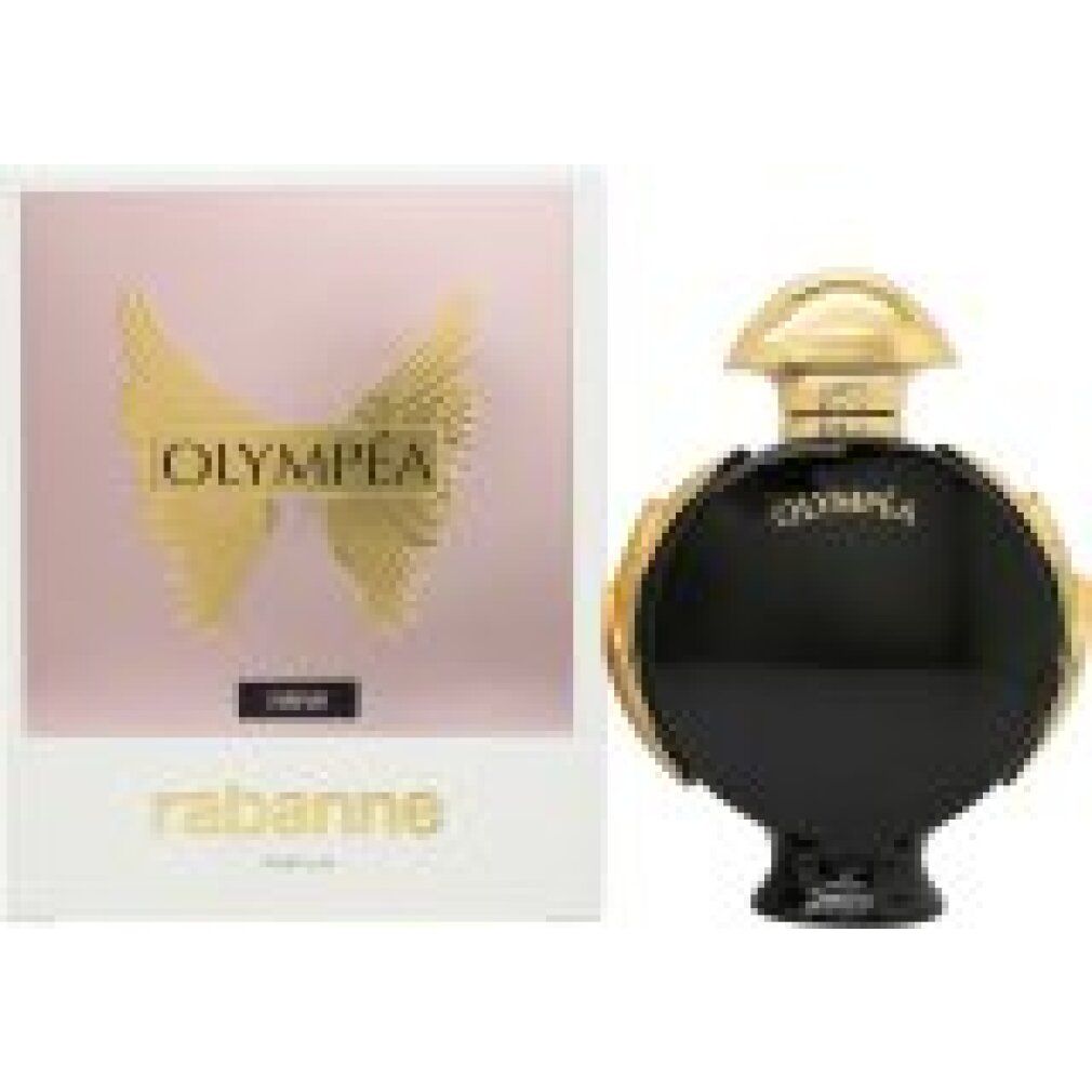 Parfumflakon und Verpackung. Schwarzer Flakon mit goldenen Akzenten. Weiße Box mit goldenen Flügeln und Schriftzug 'OLYMPÉA'.