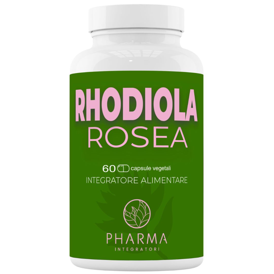 Weiße Flasche mit grünem Etikett. Aufschrift: RHODIOLA ROSEA, 60 Kapseln, Integratore Alimentare. Logo.