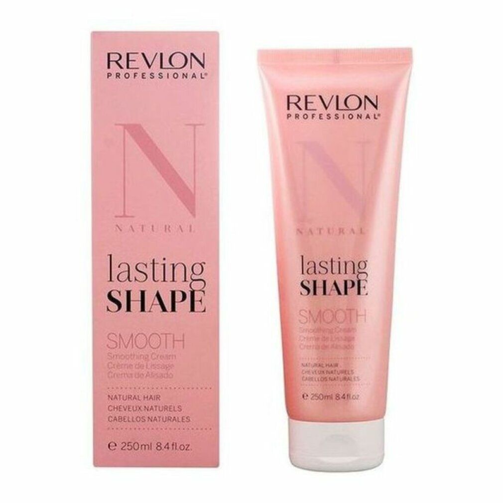 Revlon Lasting Shape Smooth Haarcreme, Tube und Verpackung. Rosa, weißer Deckel. Text: Revlon, Natural, Smooth, 250ml.
