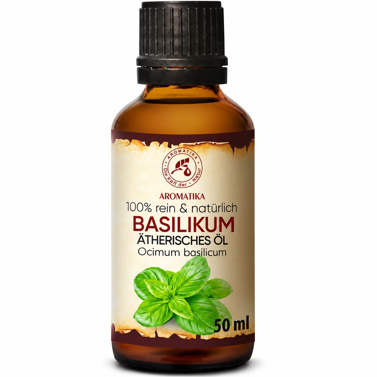 Aromatika Basilikum Ätherisches Öl Flasche mit Basilikumblättern und 50ml Angabe.