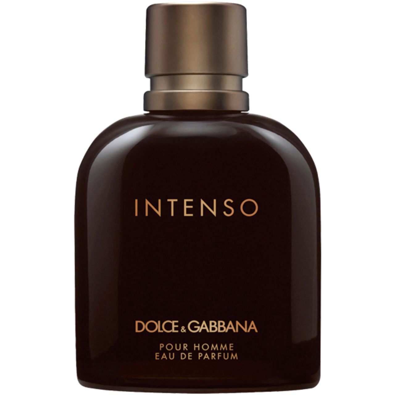 Dunkelbraune Flasche mit goldfarbenem Verschluss. Aufschrift INTENSO, DOLCE & GABBANA, Pour Homme. EdP.