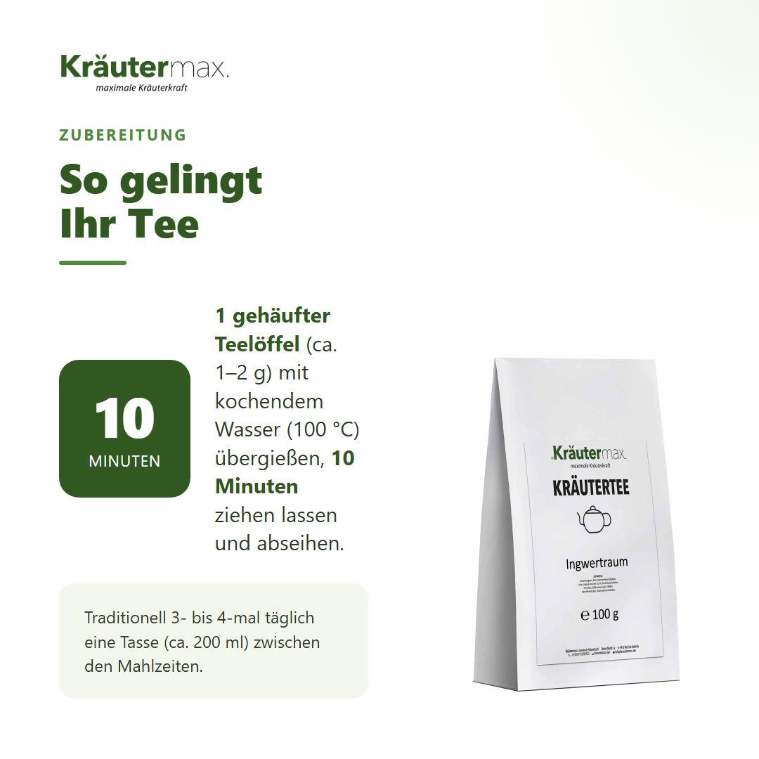 Zubereitung von Kräutermax Ingwerstraum Tee: 10 Minuten ziehen lassen.