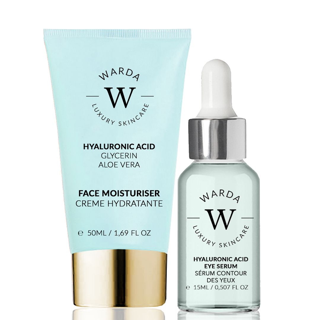 Warda Skincare Hyaluron Feuchtigkeitscreme (50ml) und Hyaluron Augen Serum (15ml).