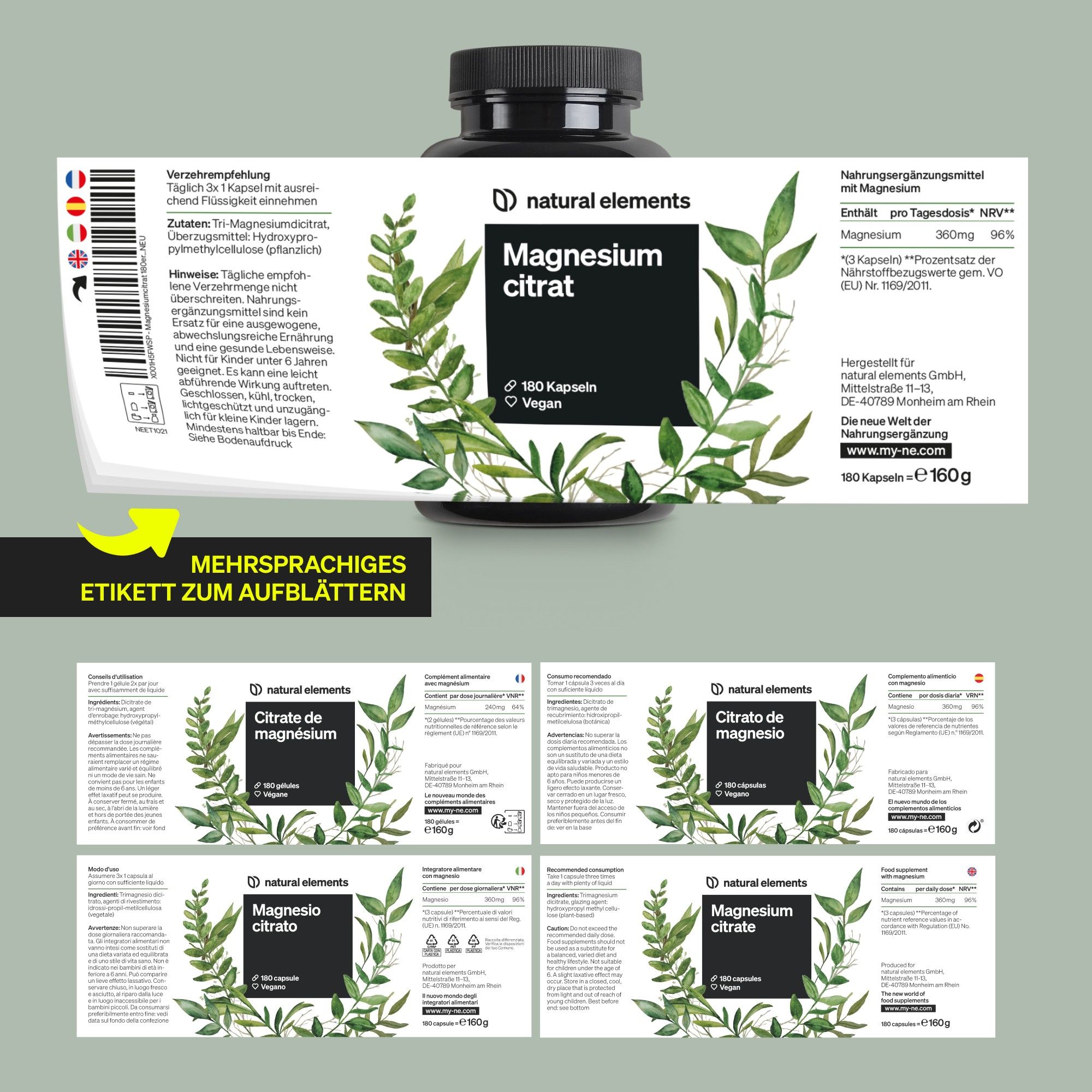 Produktetikett mit mehrsprachigen Informationen. Aufschrift: Magnesiumcitrat, 180 Kapseln, Vegan. Marke: natural elements.