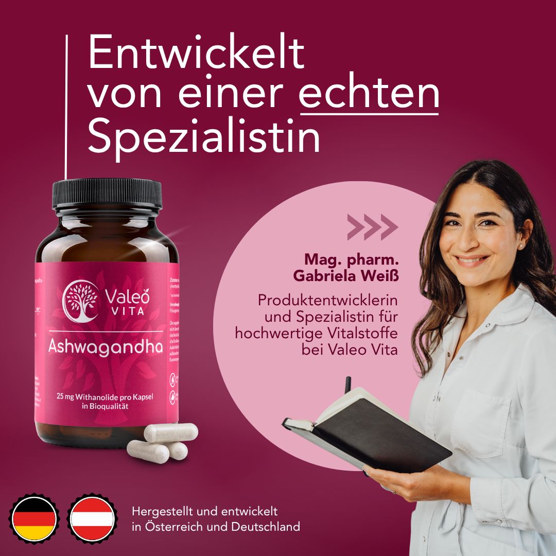 Frau mit Flasche und Kapseln. Text: Entwickelt von einer echten Spezialistin. Produktname und Kapseln liegen daneben.