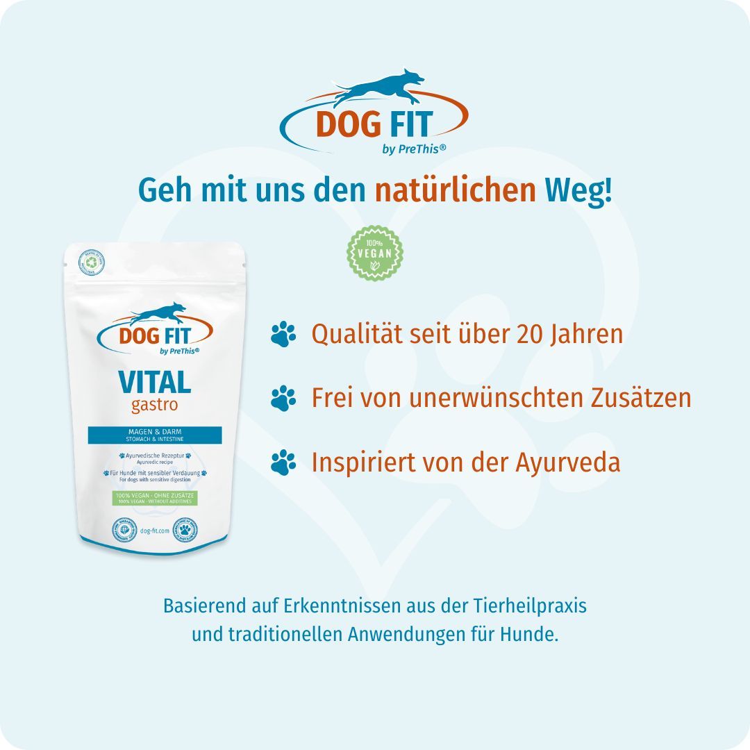 Produkt DOG FIT VITAL gastro in Verpackung. Text: Geh mit uns den natürlichen Weg! Vegan-Siegel. Qualität seit über 20 Jahren.