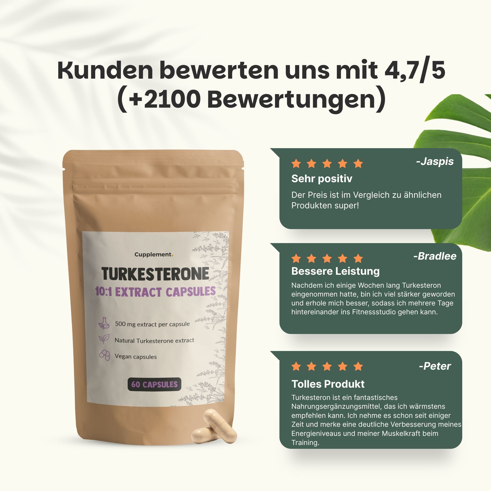 Beutel mit Kapseln. Text: Turkesterone 10:1 Extract Capsules. 60 Kapseln. 500 mg Extrakt pro Kapsel. Athleten, Powerlifter, Bodybuilder.