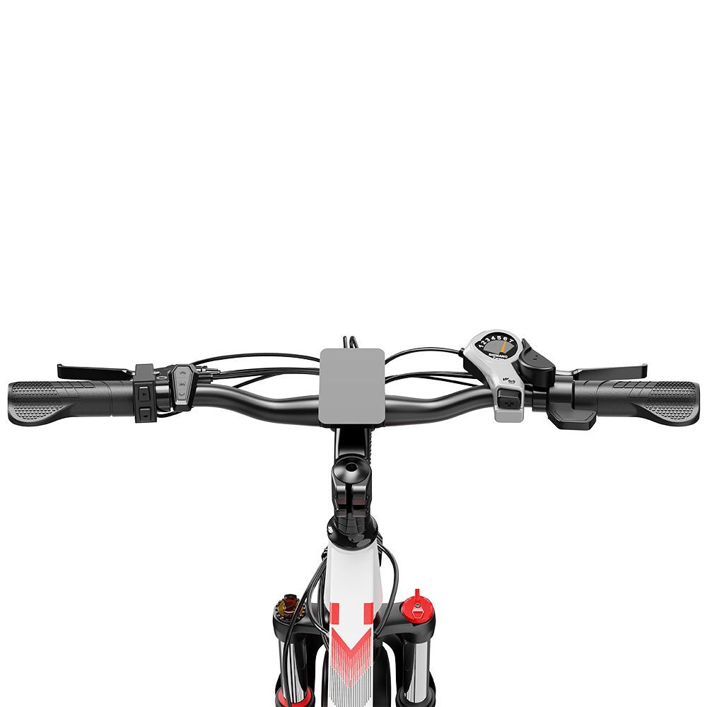Lenker eines Elektrofahrrads. Griffe, Bedienelemente, Display. Oberansicht.