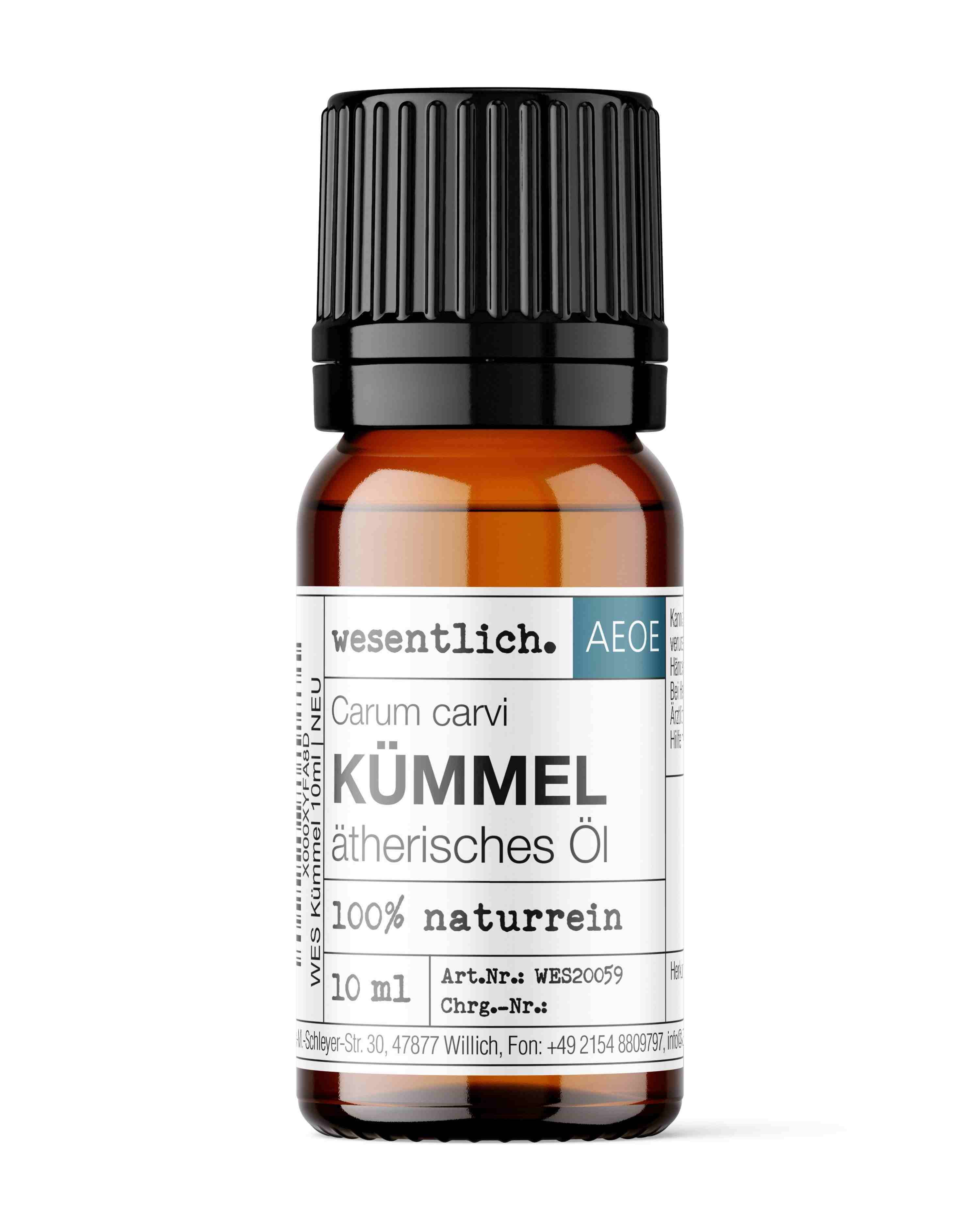 Braunglasflasche mit schwarzem Schraubverschluss, 10ml Kümmel ätherisches Öl.