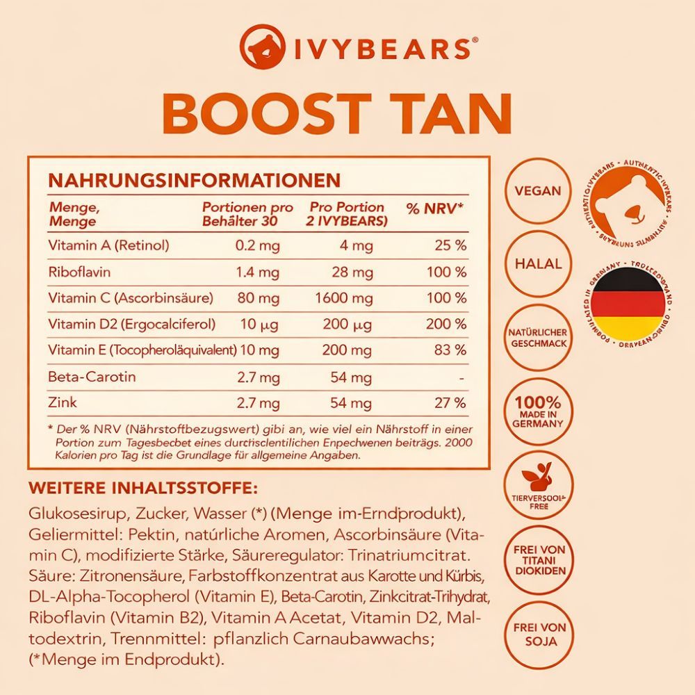 Nährwertinformationen für IvyBears Boost Tan Gummies. Vegan, halal, 100% Made in Germany.