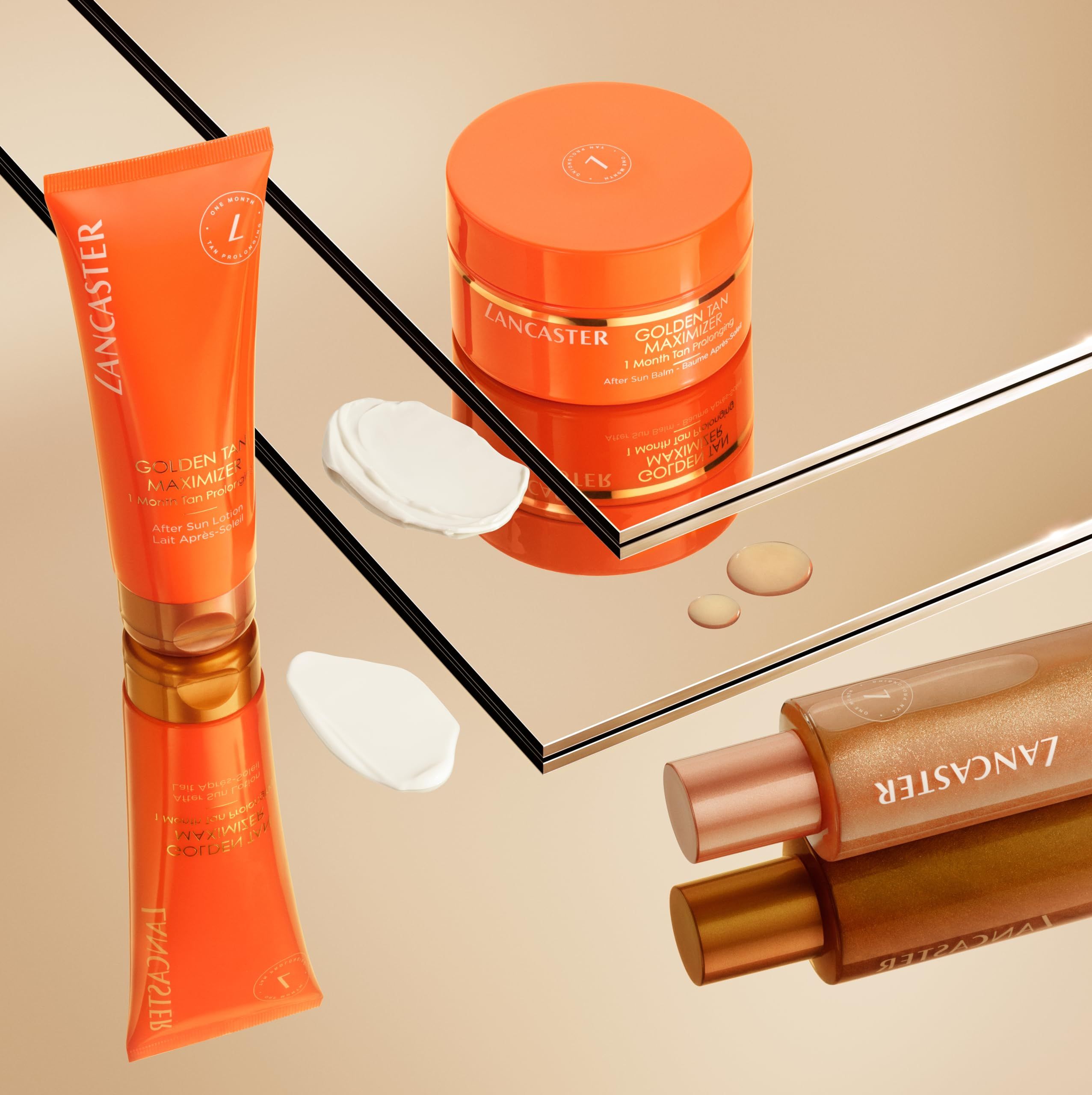 Lancaster-Produkte auf einer reflektierenden Oberfläche. Tube, Tiegel und Flasche mit After Sun Oil. Text sichtbar.