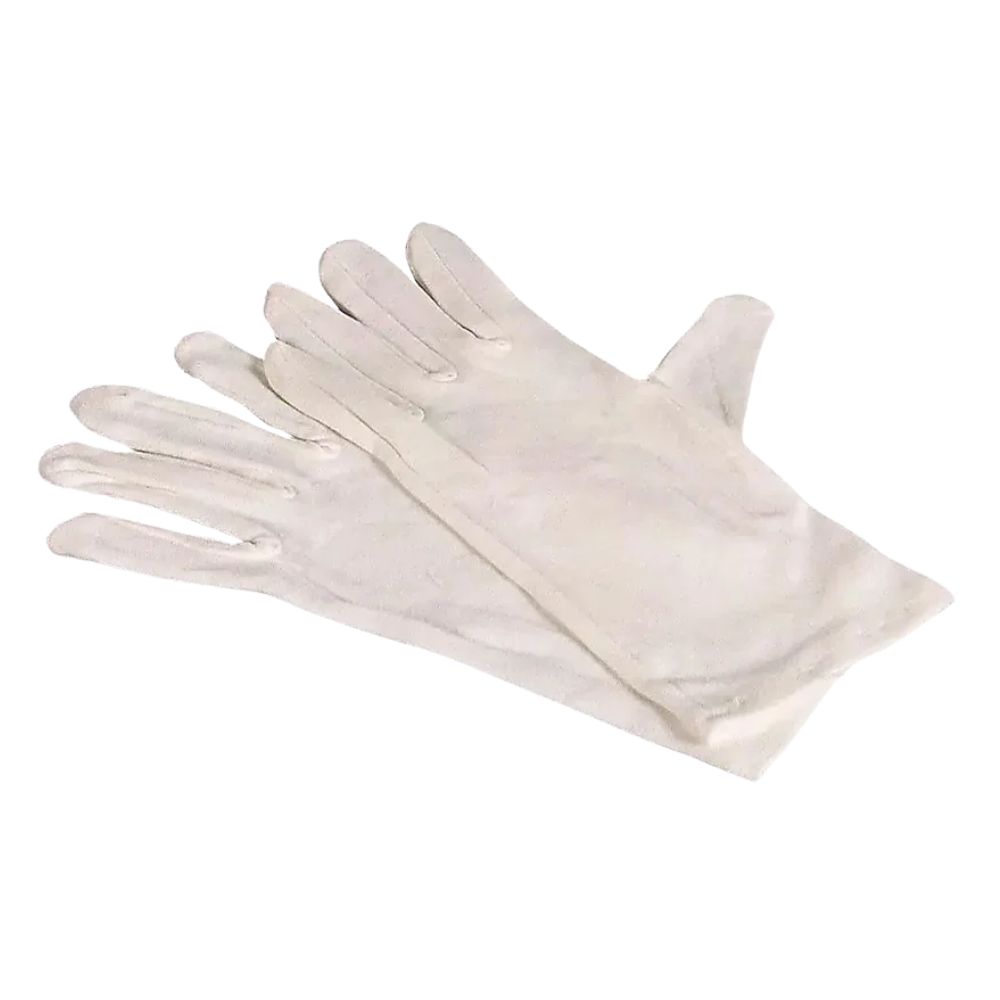 Zwei weiße Handschuhe aus Stoff, nebeneinander liegend. Die Finger sind deutlich zu sehen.
