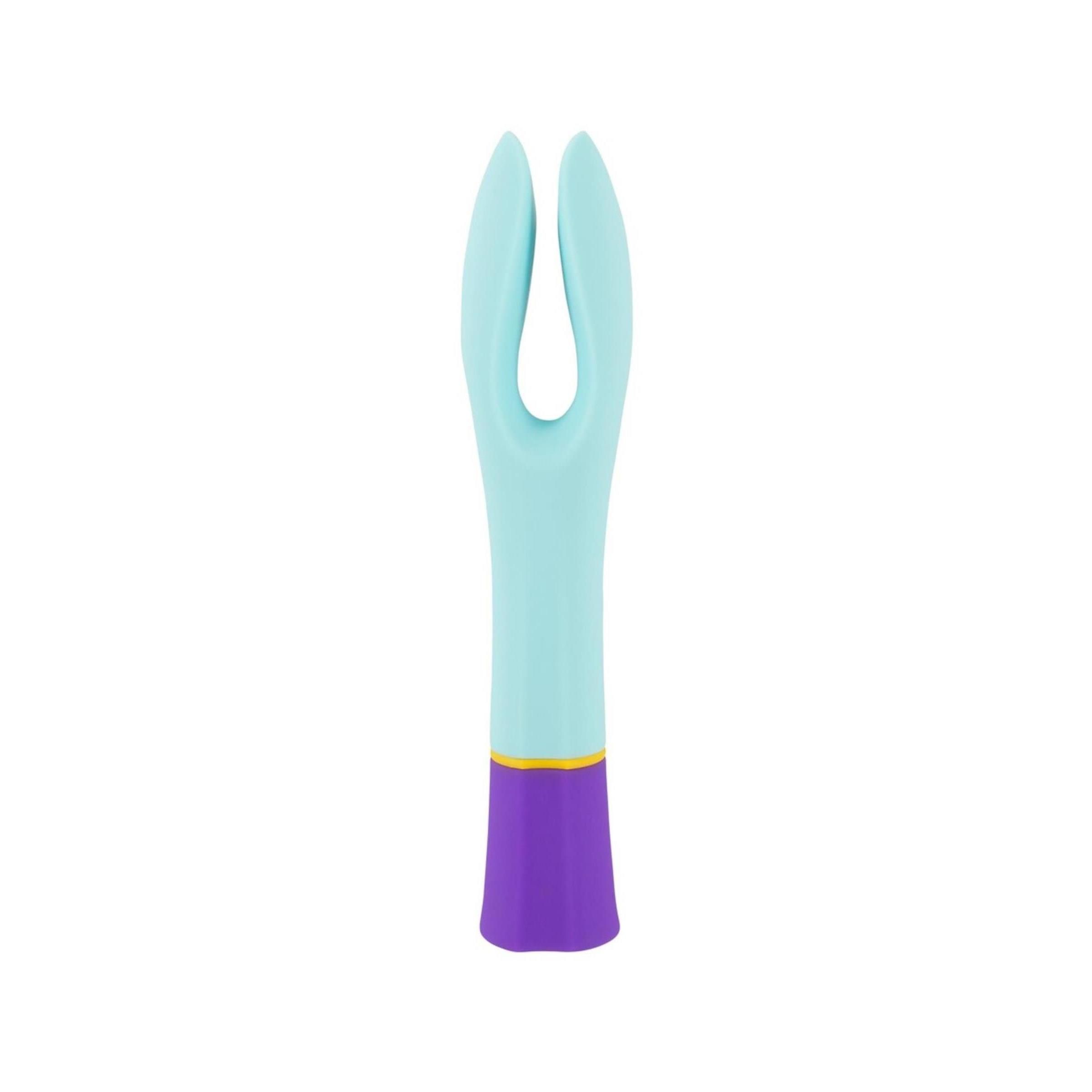 Hellblau-lila Vibrator mit zwei Motoren. Der Vibrator hat eine U-Form mit einem lila Griff und einem gelben Akzent.