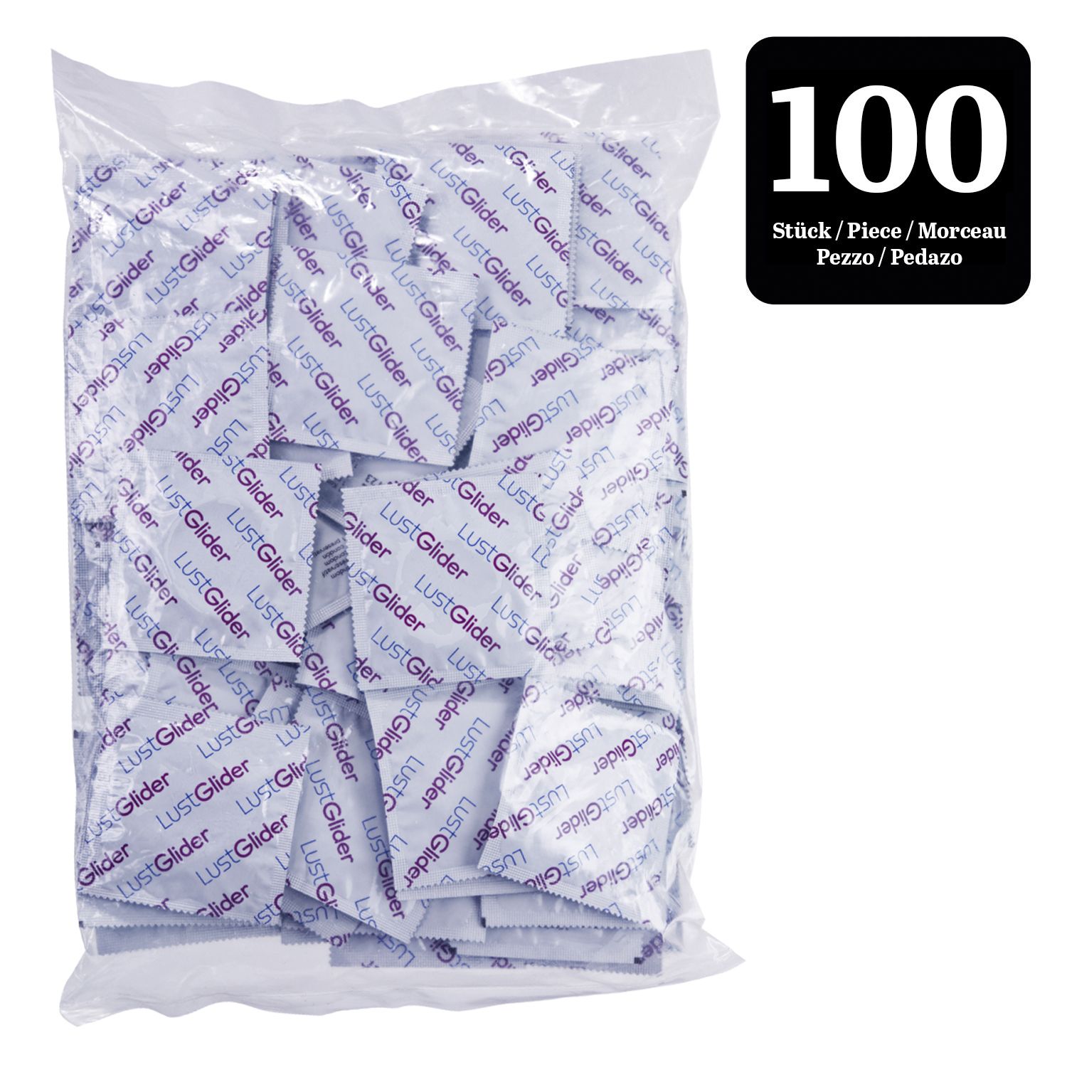 Große Plastiktüte mit 100 einzeln verpackten LustGlider Classic Kondomen. Beschriftung "100 Stück".