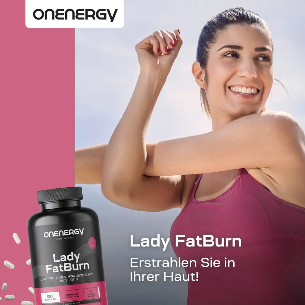 Frau dehnt sich, daneben Dose OnEnergy Lady FatBurn. "Erstrahlen Sie in Ihrer Haut!"