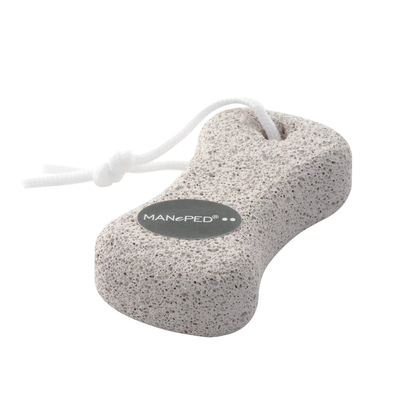 Graue Bimsstein mit weißer Schnur. Form: Knochen. MANePED-Logo. Loch zum Aufhängen.