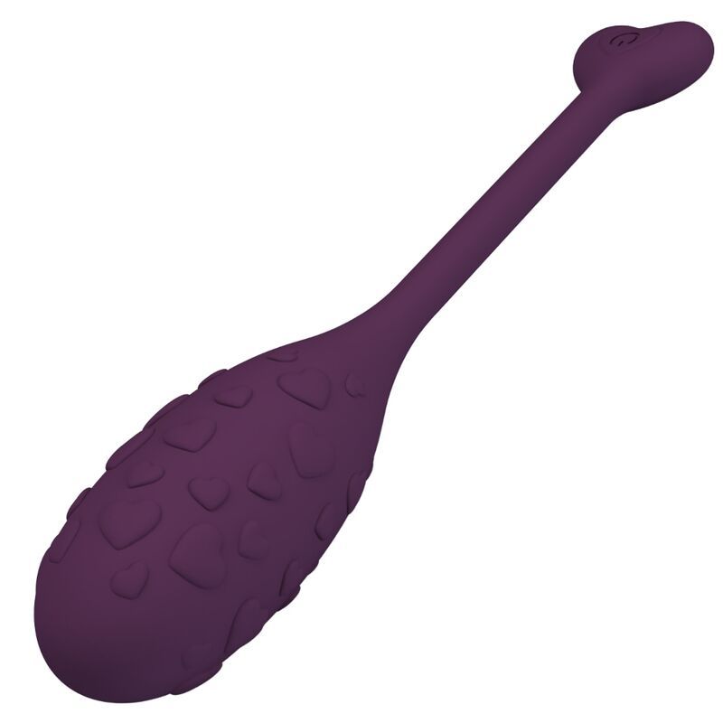 Lila Vibrator mit Herzspitze und ovalem, texturiertem Körper, schräg von unten. Silikon, USB-aufladbar.