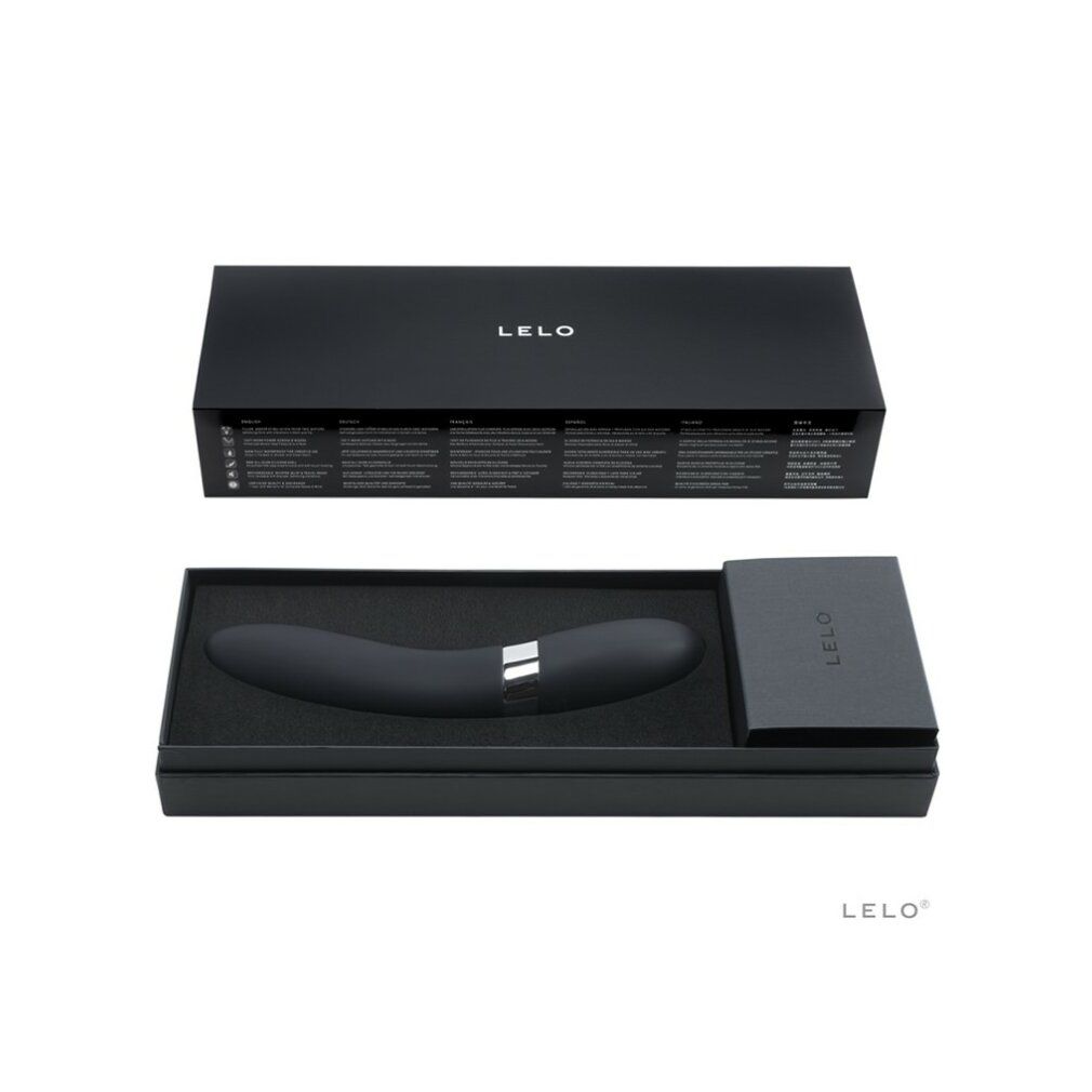 LELO Elise 2 Massager in schwarzer Geschenkbox, geöffnet.