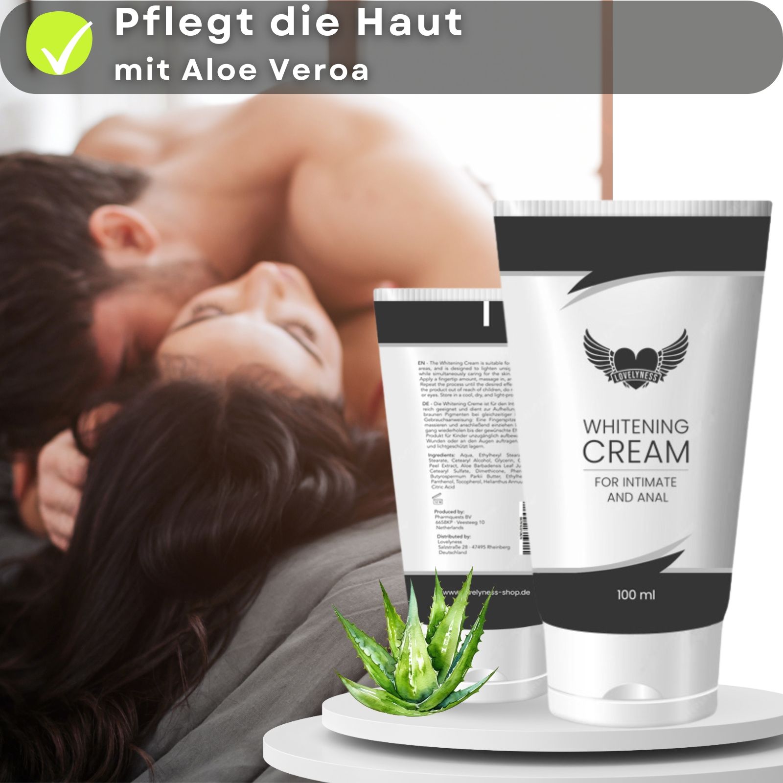 Produkt-Tube. Text: Whitening Cream, für Intim- und Analbereich. 100 ml. Zwei Tuben. Hintergrund: Paar. Text: Pflegt die Haut.