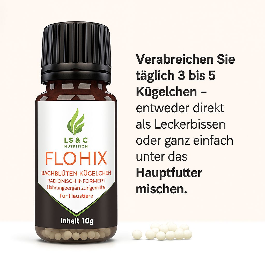 Braune Glasflasche mit schwarzem Deckel. Etikett mit Logo und Produktname. Text: Dosierung. Weiße Kügelchen daneben.