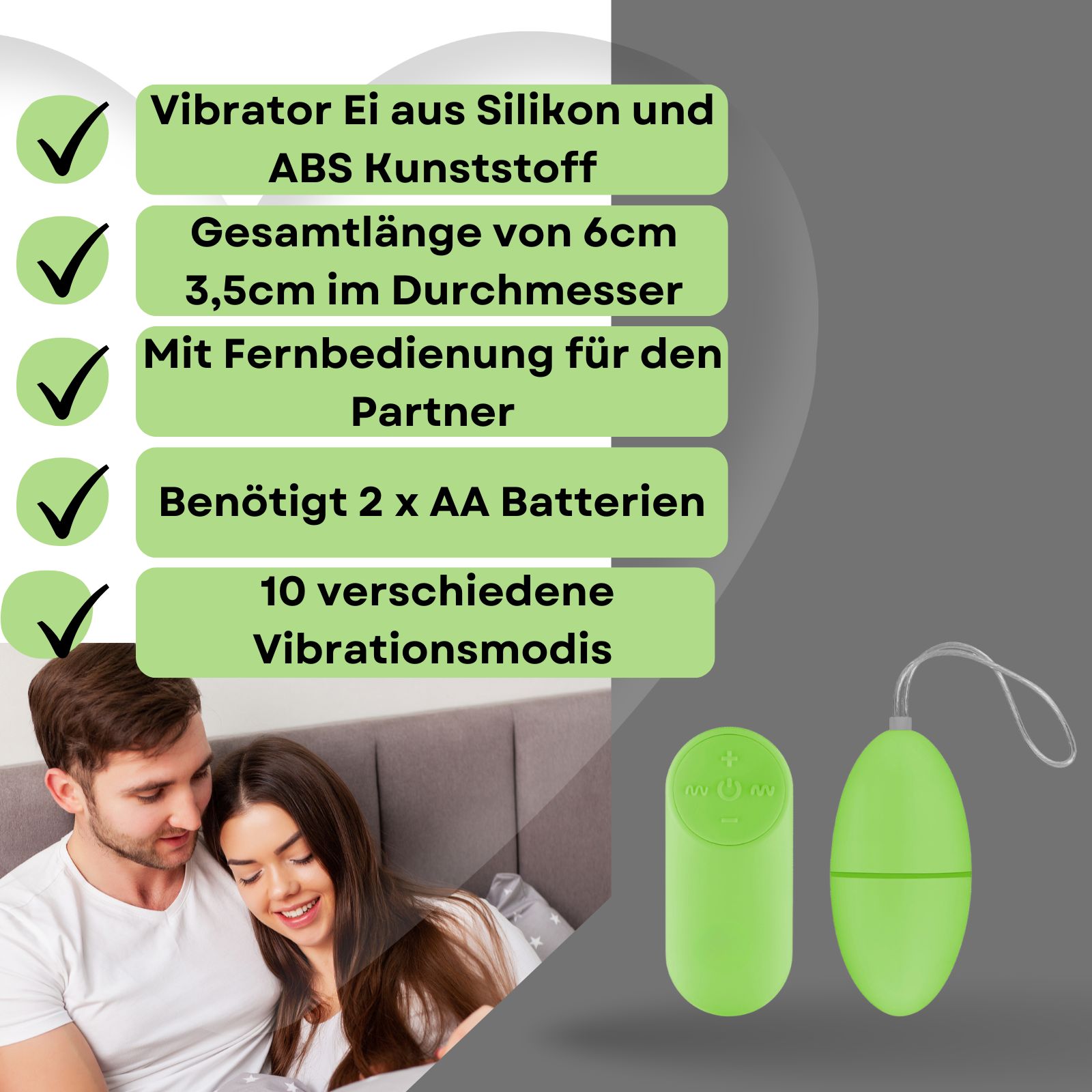 Produkt mit Fernbedienung und Text. Text: Vibrator Ei aus Silikon und ABS Kunststoff. Benötigt 2 AA Batterien.