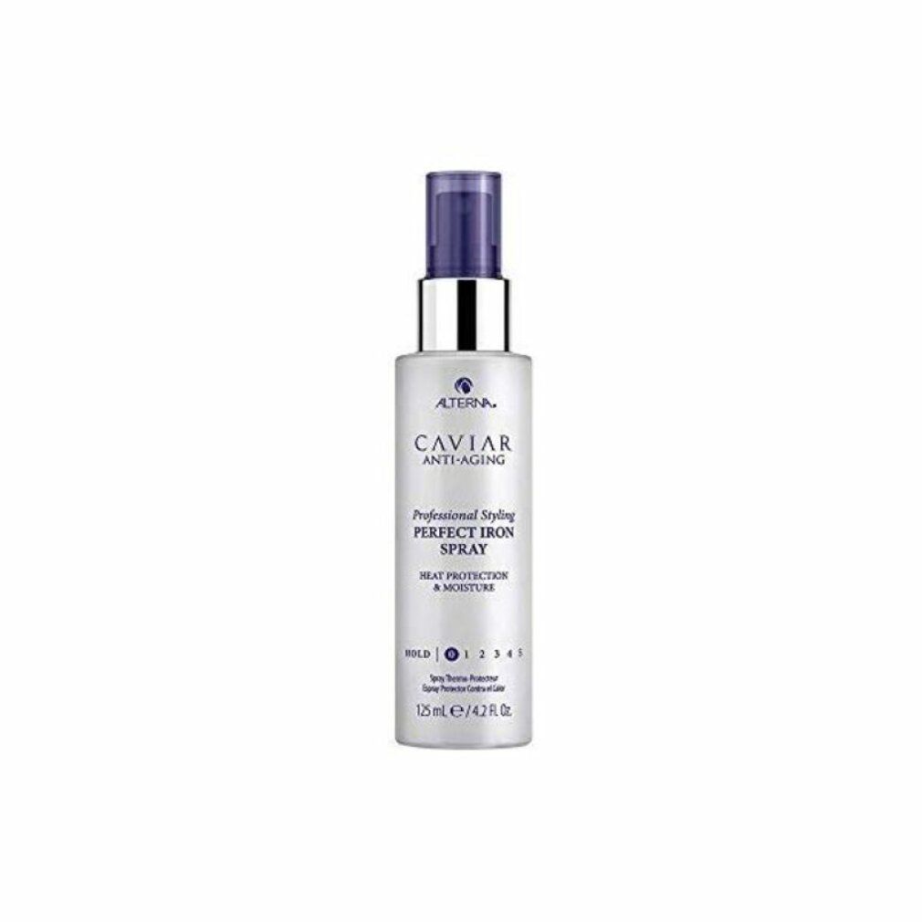 Silberne Sprühflasche mit lila Deckel. Beschriftung: Alterna Caviar Anti-Aging, Perfect Iron Spray. Hitzeschutz & Feuchtigkeit. 125ml.