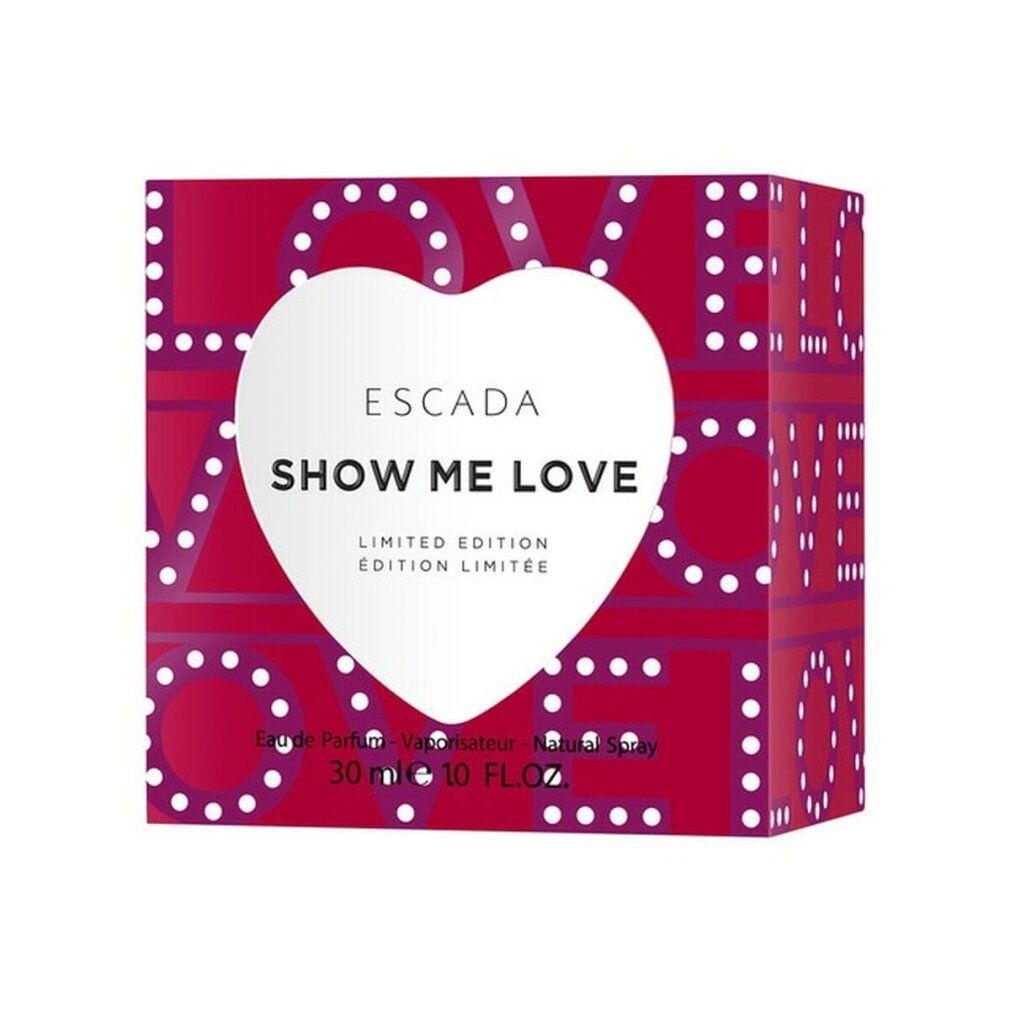 Verpackung mit rotem Hintergrund und weißem Herz. Text "ESCADA SHOW ME LOVE".