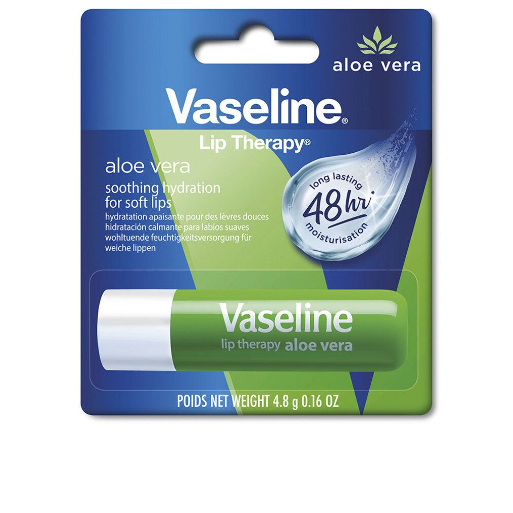 Vaseline Lip Therapy Aloe Vera Lippenpflegestift. Grüne Verpackung mit Produkt- und Markenlogo.