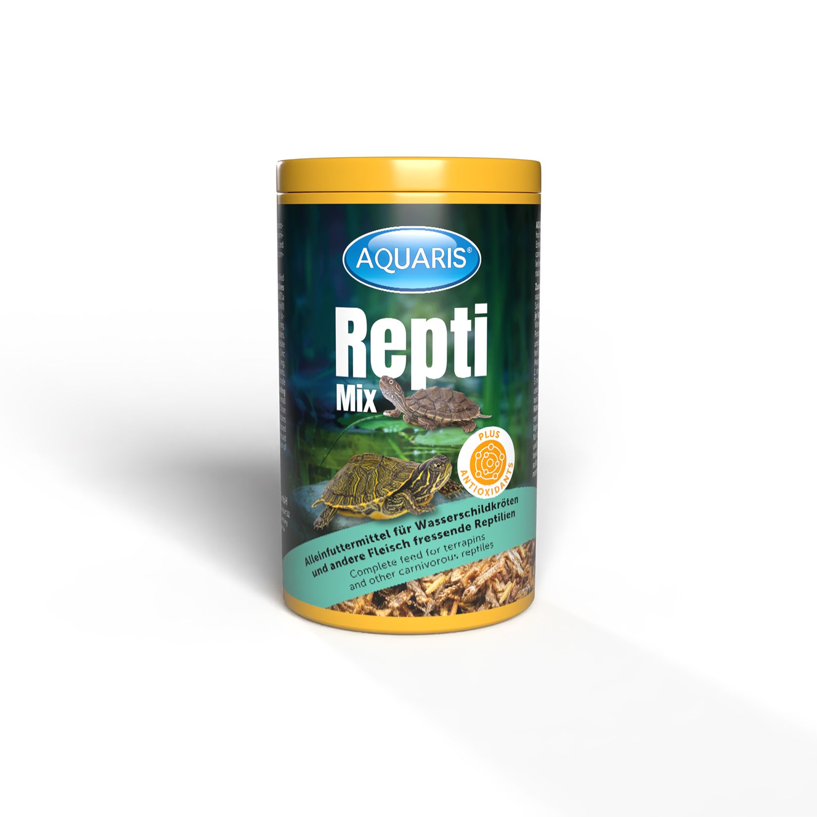 AQUARIS Repti Mix Dose. Zylindrische Dose mit gelbem Deckel. Aufschrift AQUARIS, Repti Mix und Schildkröten.