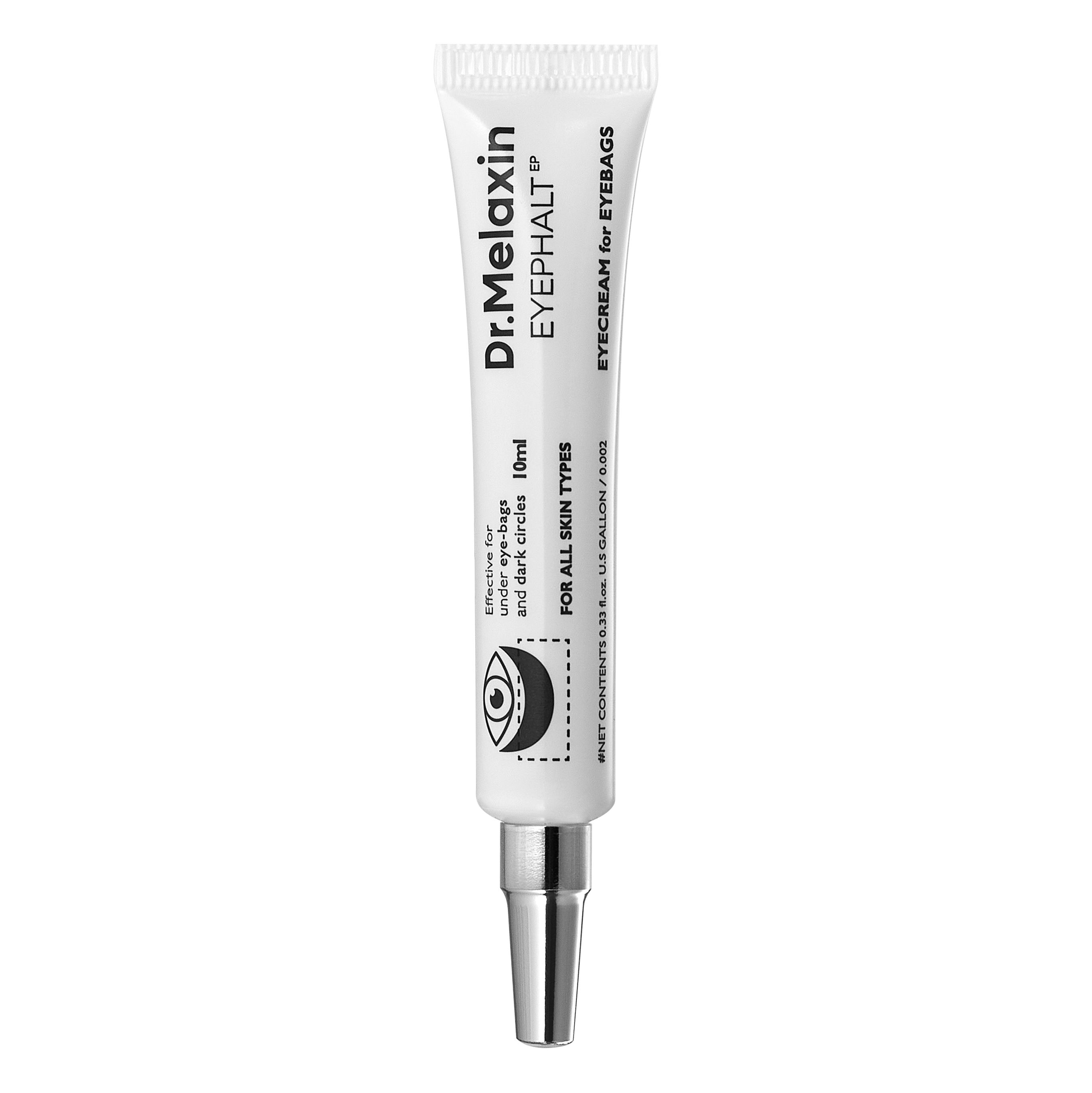 Weiße Tube mit silberner Spitze. Aufschrift: Dr.Melaxin EYEPHALT EP, Augencreme für Tränensäcke. 10ml.