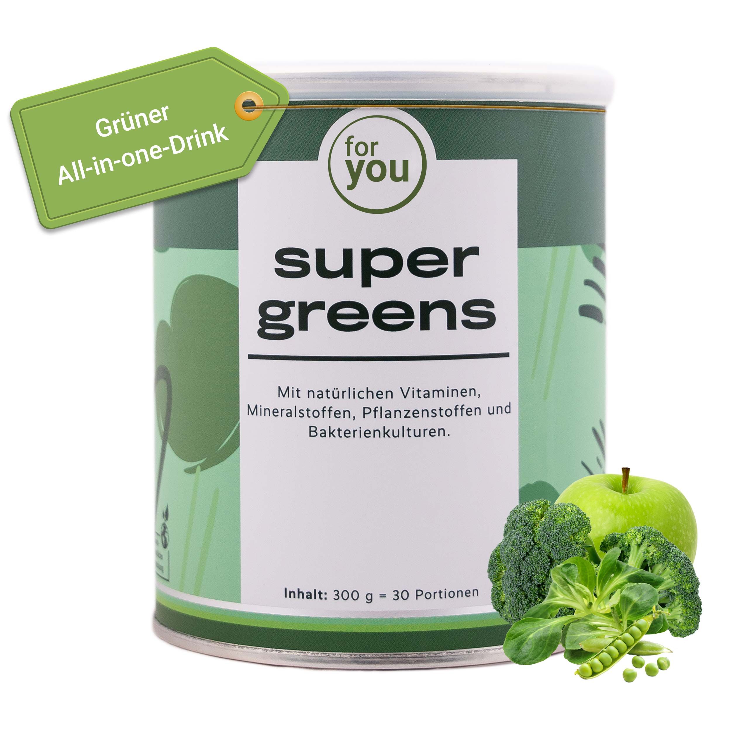 Dose mit Super Greens Pulver, daneben Brokkoli, Spinat und Apfel. Enthält Vitamine, Mineralstoffe, Pflanzenstoffe und Bakterienkulturen.