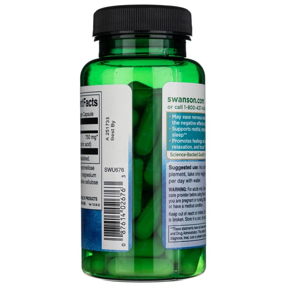 Seitenansicht der Swanson GABA 750 mg Flasche, zeigt grüne Kapseln im Inneren.