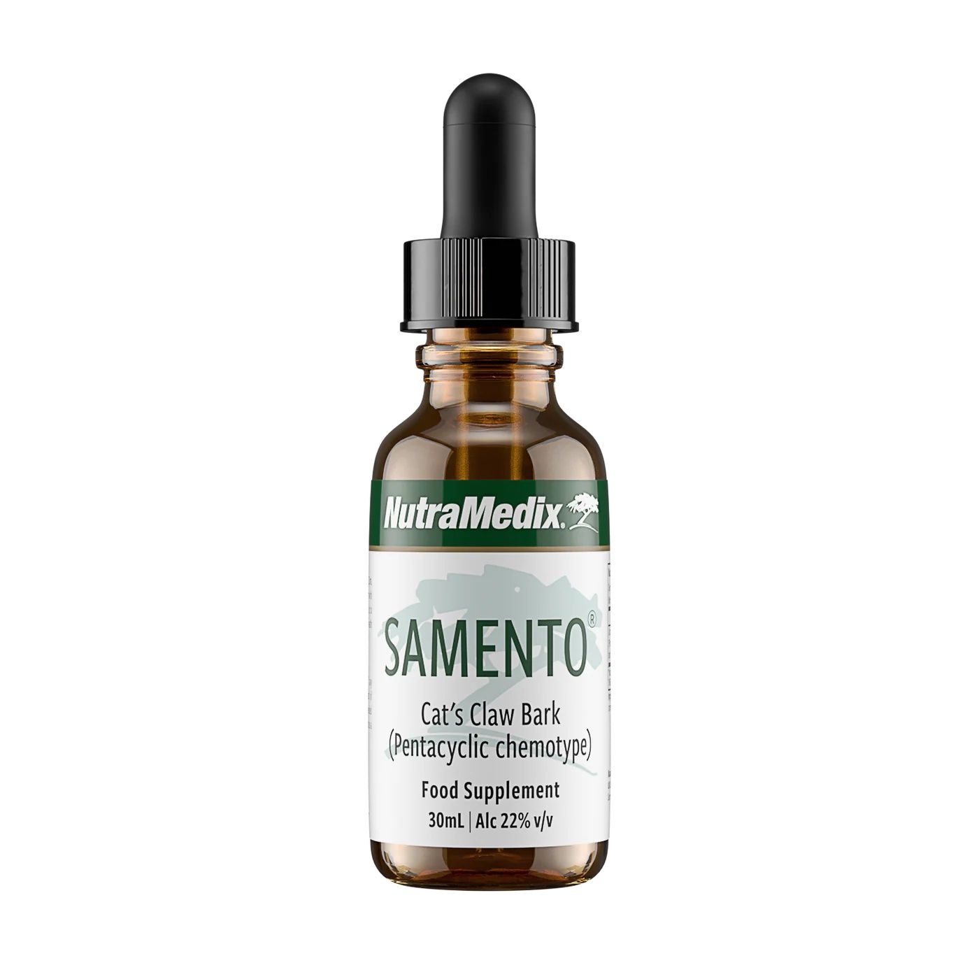 Braune Glasflasche mit Pipettenverschluss, Etikett mit 'Samento' und 'NutraMedix'.