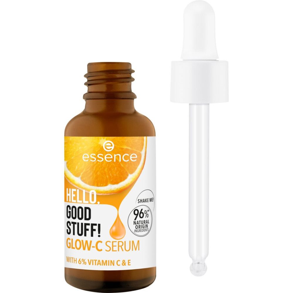 Braune Glasflasche und Pipette. Aufkleber mit Text: HELLO, GOOD STUFF! GLOW-C SERUM. Mit 6% Vitamin C & E. 96% natürlichen Ursprungs.