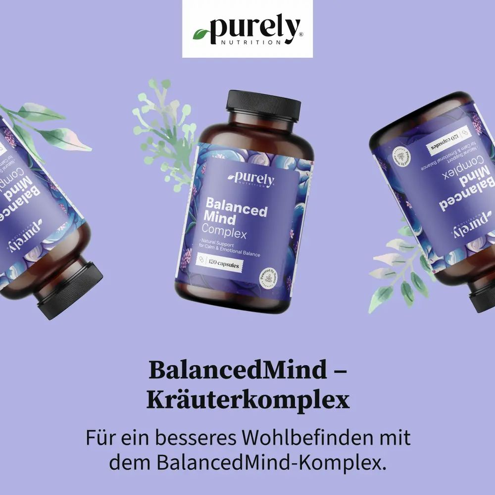 Drei Flaschen BalancedMind auf lila Hintergrund. Text: BalancedMind - Kräuterkomplex.